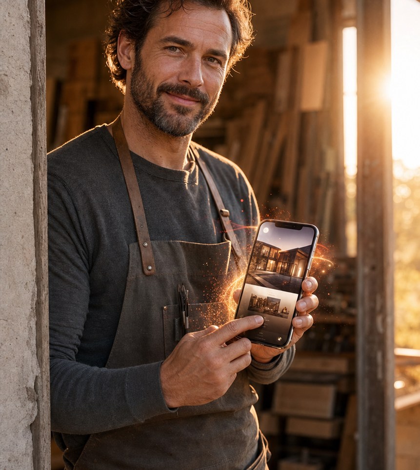 Business owner at his workshop holding a phone with his new premium website, thumb over the approve button