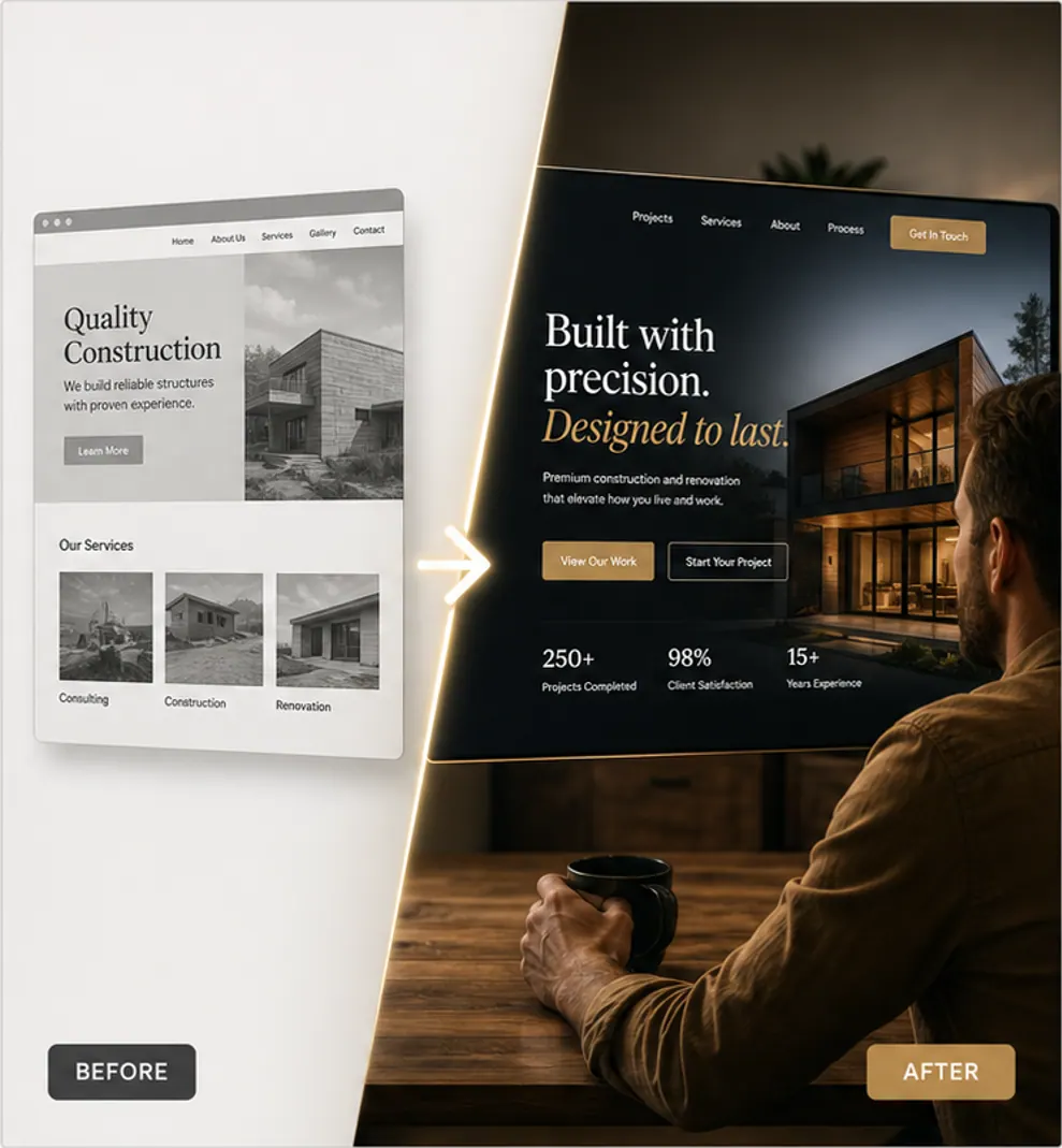 Before-and-after of a site lifted to a premium, conversion-ready version